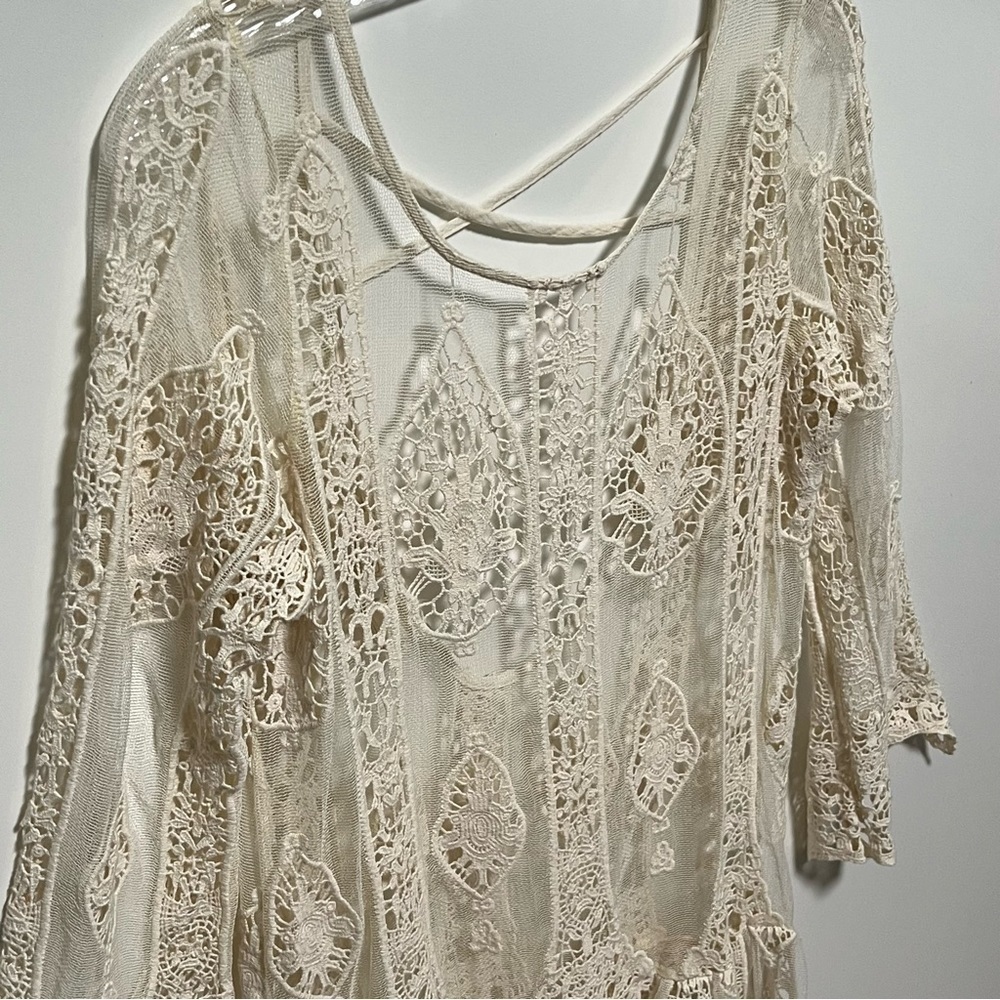 Jen's Pirate Booty cream cotton crochet sheer lace Mandolin Backless Mini dress - Picture 2 of 11